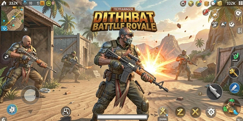Tangkapan layar utama menunjukkan aksi intens dalam permainan Battle Royale.