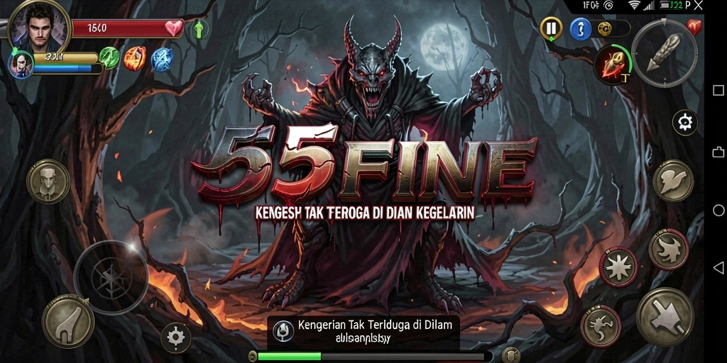 Screenshot gameplay 55FIVE dengan suasana menyeramkan dan karakter yang menakutkan.