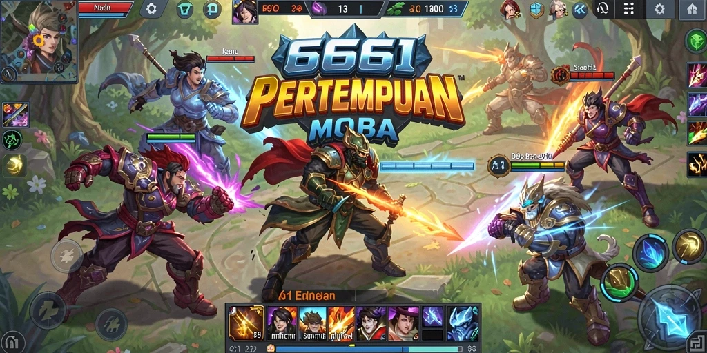 Screenshot aksi intens dari gameplay 666I yang menampilkan pertarungan tim MOBA.
