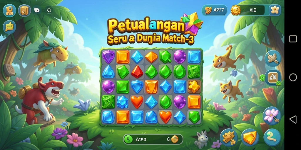 Screenshot gameplay menampilkan pencocokan elemen Match-3 yang seru.