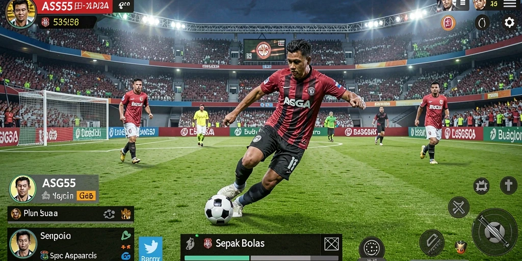 Screenshot gameplay ASG55 menampilkan aksi seru di lapangan sepak bola.