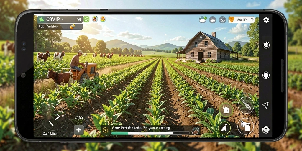 Screenshot gameplay C8VIP menampilkan kebun yang subur dan hewan ternak.
