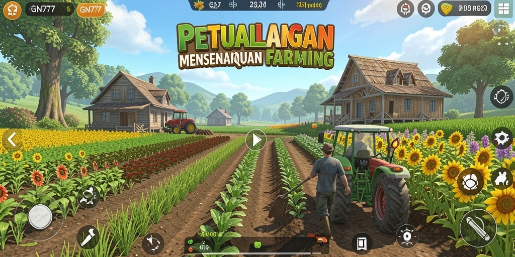 Screenshot gameplay GN777 menampilkan peternakan yang subur dan aktif.