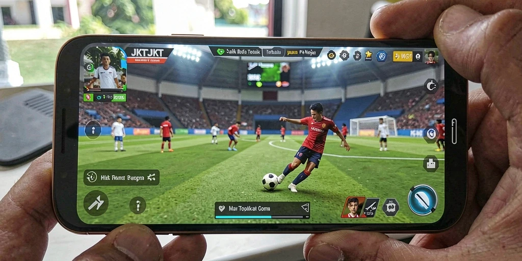 Tampilan gameplay menarik dari JKTJKT saat pertandingan sepak bola berlangsung.
