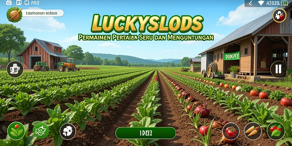 Tampilan gameplay LUCKYSLOTS dengan ladang yang subur dan tanaman beragam.