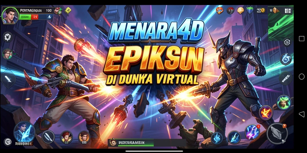 Screenshot utama MENARA4D menampilkan aksi pertarungan seru dan karakter unik.