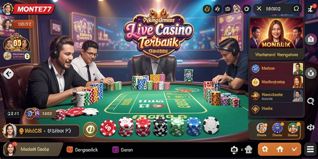 Screenshot gameplay <strong>MONTE77</strong> yang menampilkan dealer profesional dan suasana kasino.