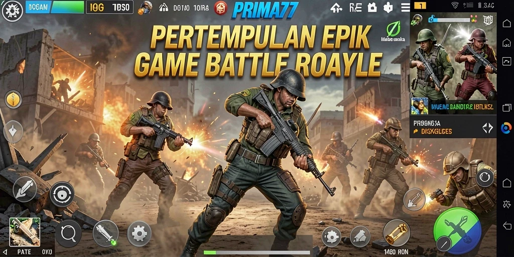 Screenshot gameplay PRIMA77 menunjukkan pertarungan intens dalam mode Battle Royale.