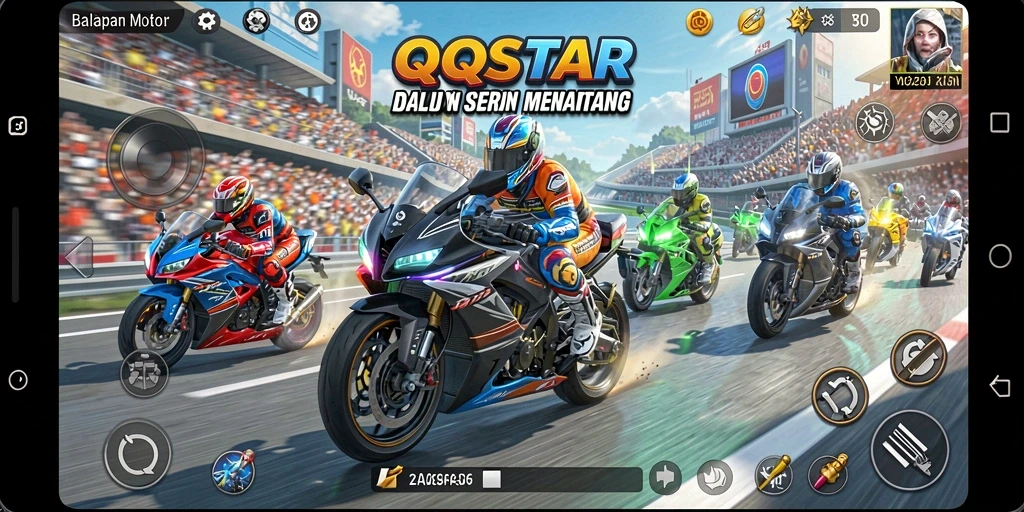 Screenshot gameplay dari QQSTAR menunjukkan aksi balapan motor yang seru.