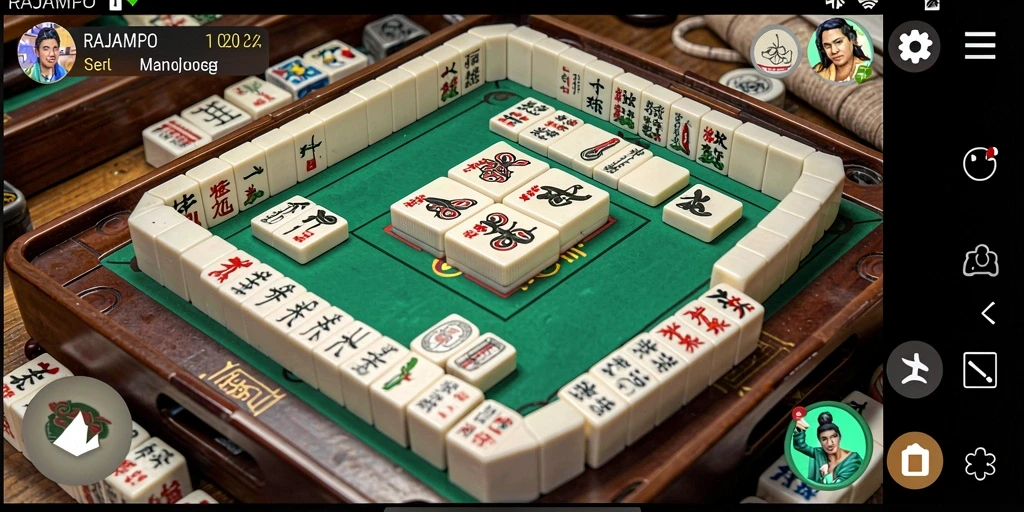 Tangkapan layar utama RAJAMPO menunjukkan gameplay Mahjong yang menarik.