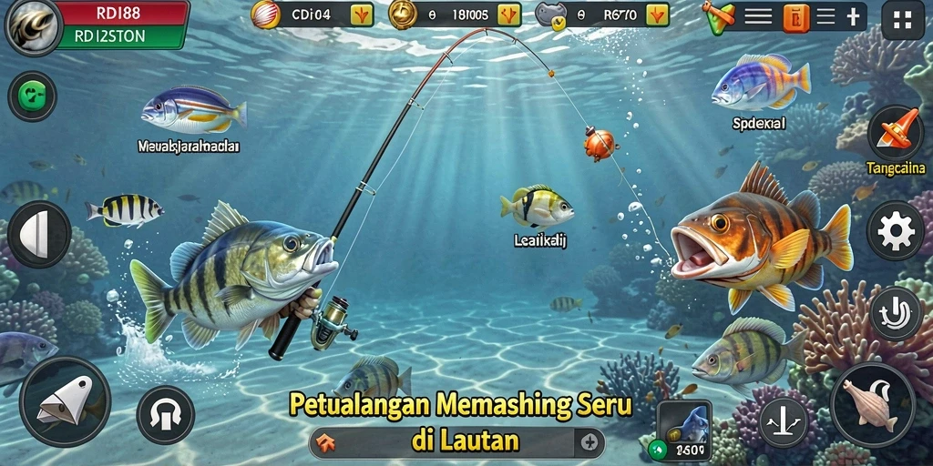 Tampilan gameplay RDI88 yang menampilkan serunya memancing di lautan.