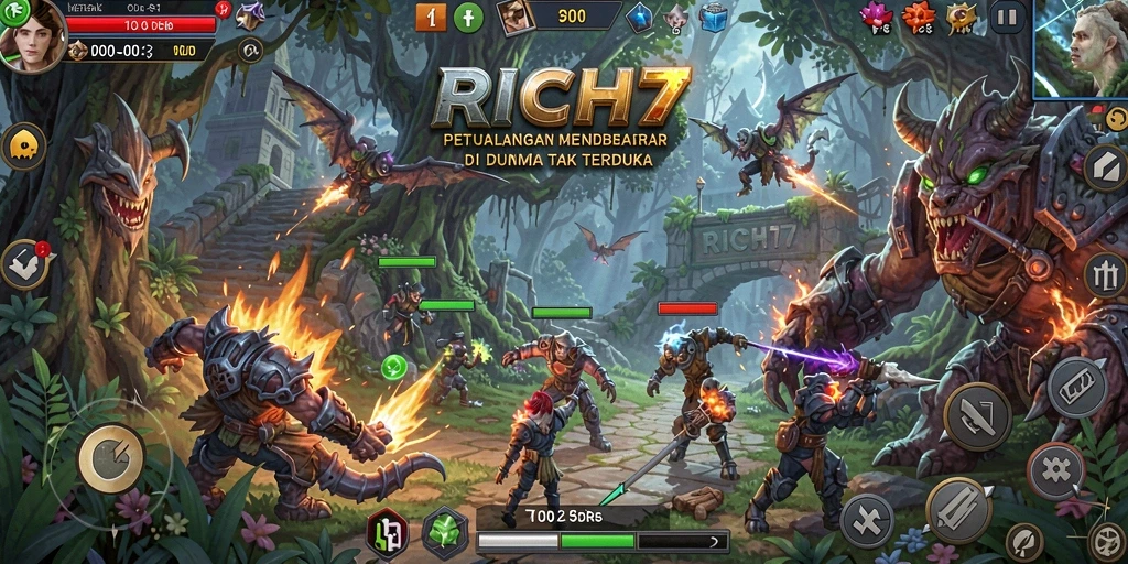 Screenshot utama RICH7 menampilkan aksi gameplay petualangan yang epik.