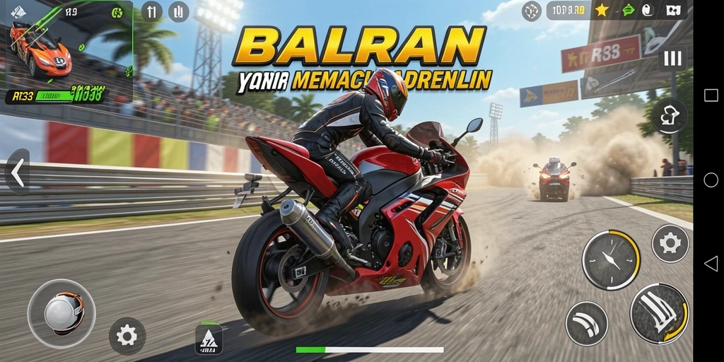 Screenshot gameplay <strong>RR33</strong> menampilkan balapan motor yang mendebarkan.