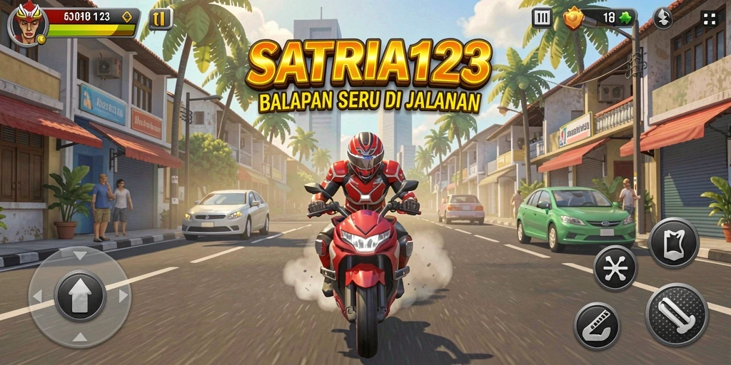 Tampilan gameplay SATRIA123 menunjukkan aksi balapan mendebarkan di trek yang dinamis.