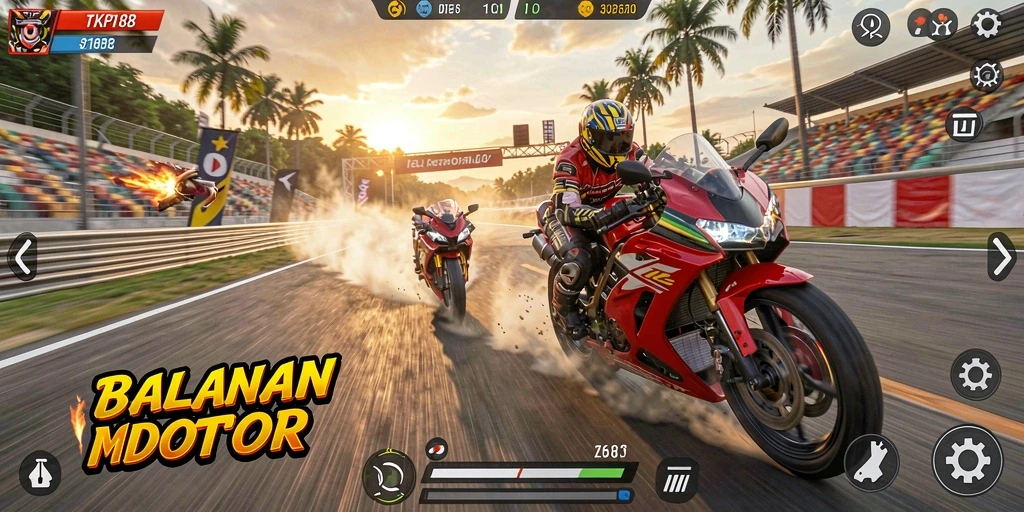 Screenshot menunjukkan aksi cepat dalam balapan motor yang mendebarkan.